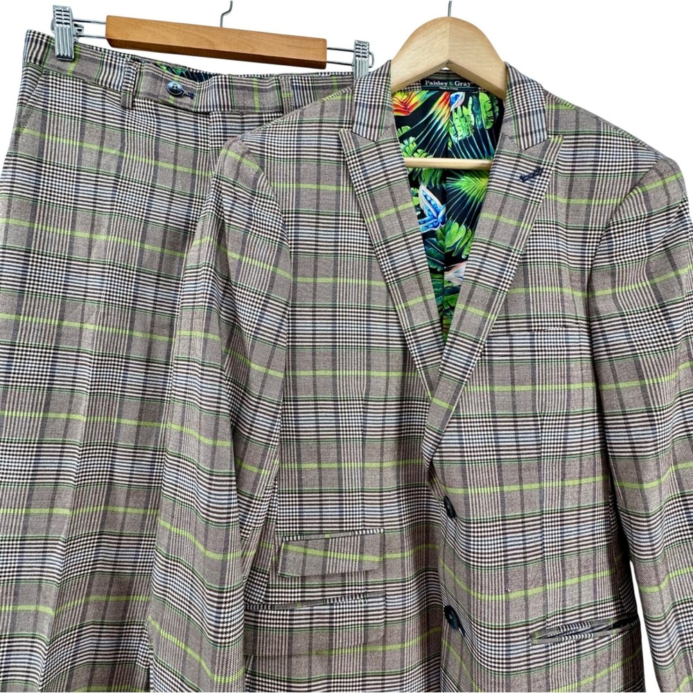Paisley & Gray‎ Mens Slim Fit Suit 38R W28/32L Brown Green Houndstooth Tropical
